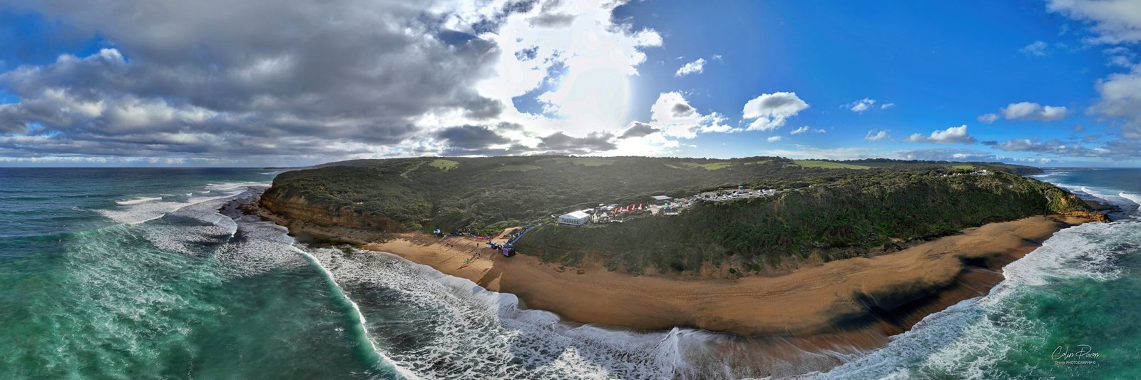 180-degree aerial panorama of Bells Beach after the Longboard Classic