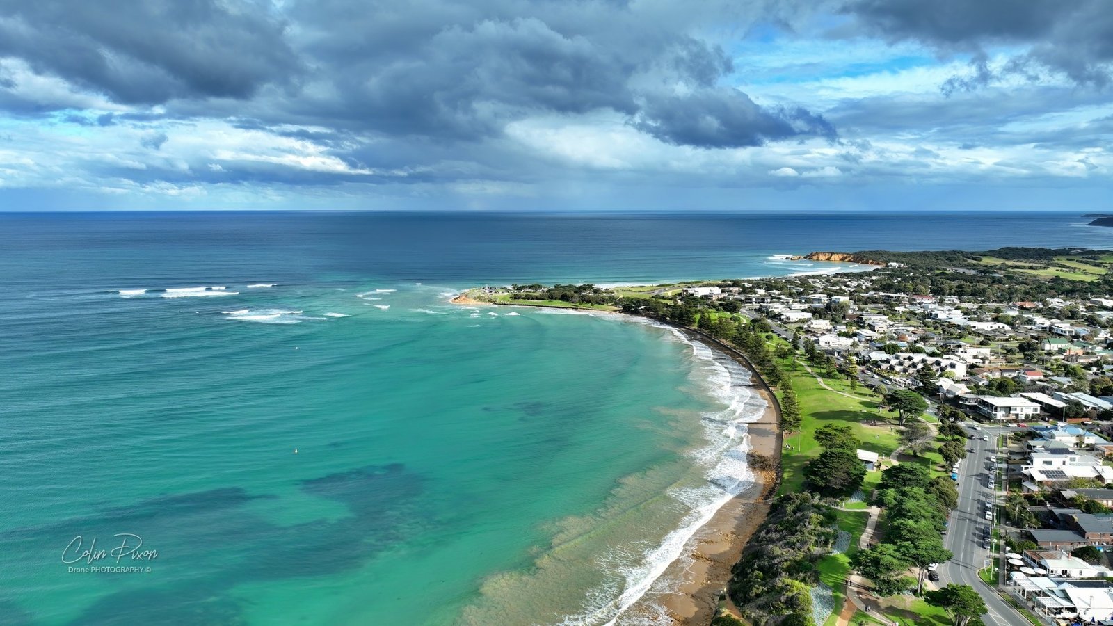 Aerial view of Fisherman's Beach Torquay on a bright May morning